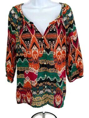 Lucky Brand Boho Women's Blouse Button Up V-Neck with 3/4 Sleeves Size Medium
